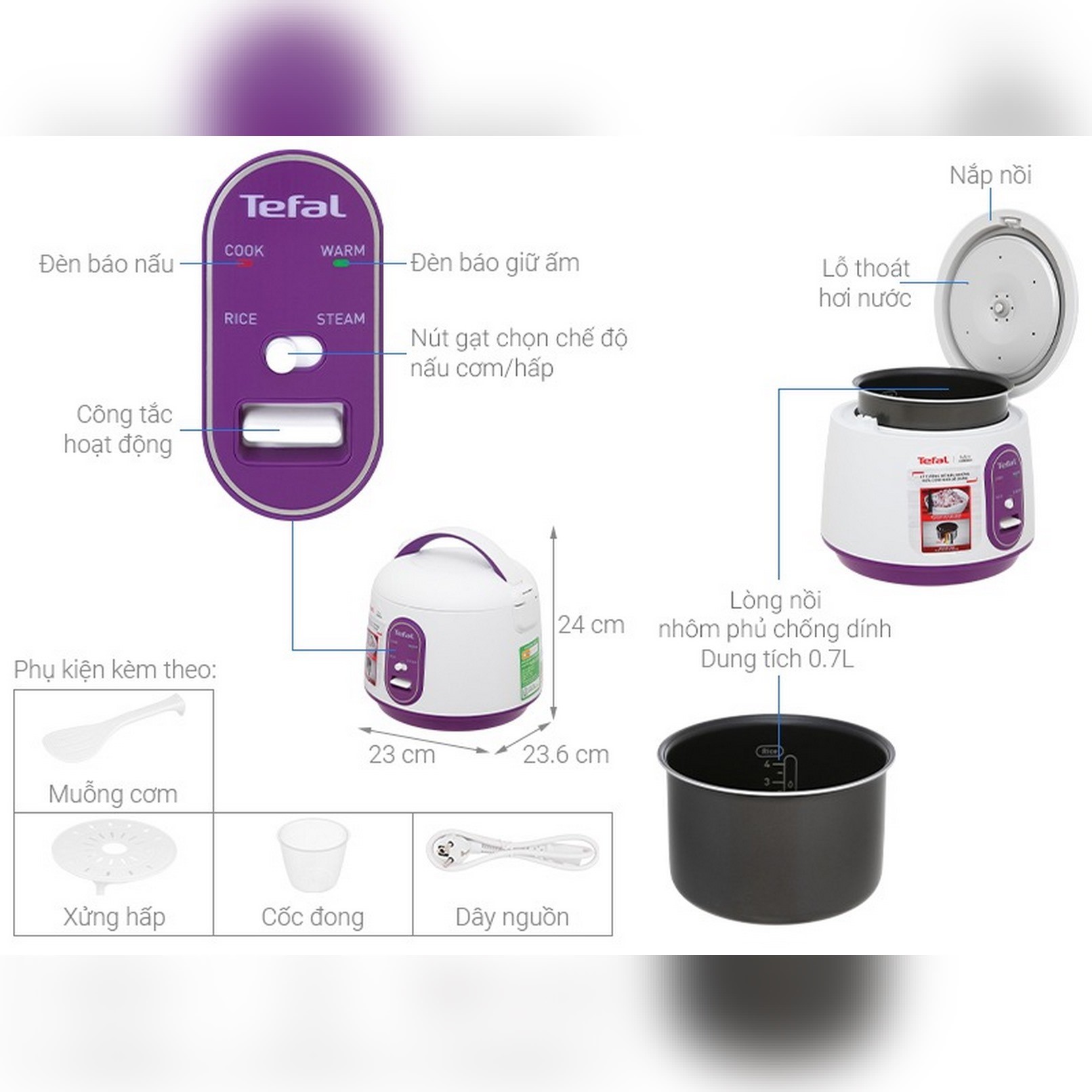 Nồi cơm điện cơ mini Tefal RK224168 - 0.7L