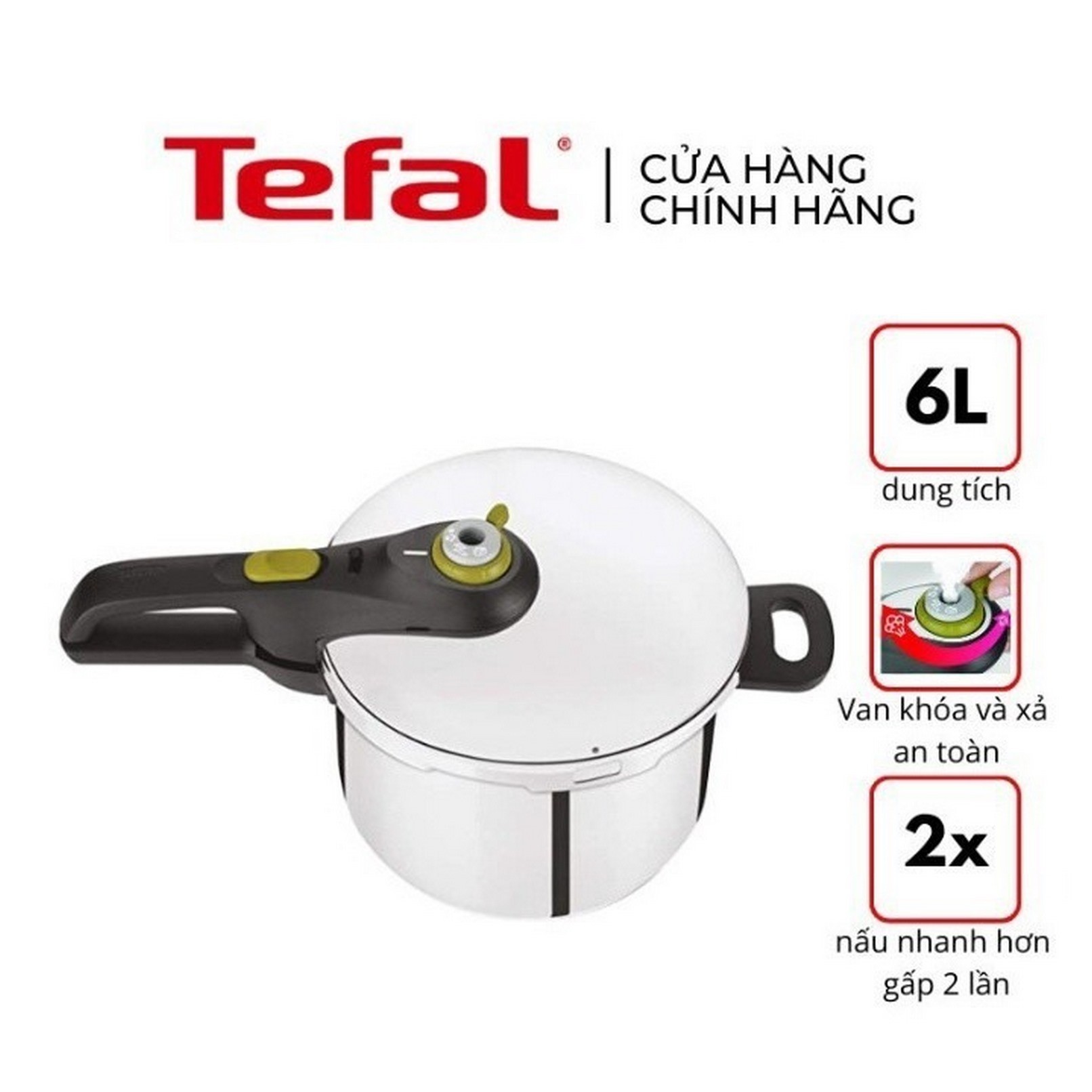 Nồi áp suất cơ inox Tefal Secure 5 Neo 6L - tay cầm đen, núm vặn xanh lá