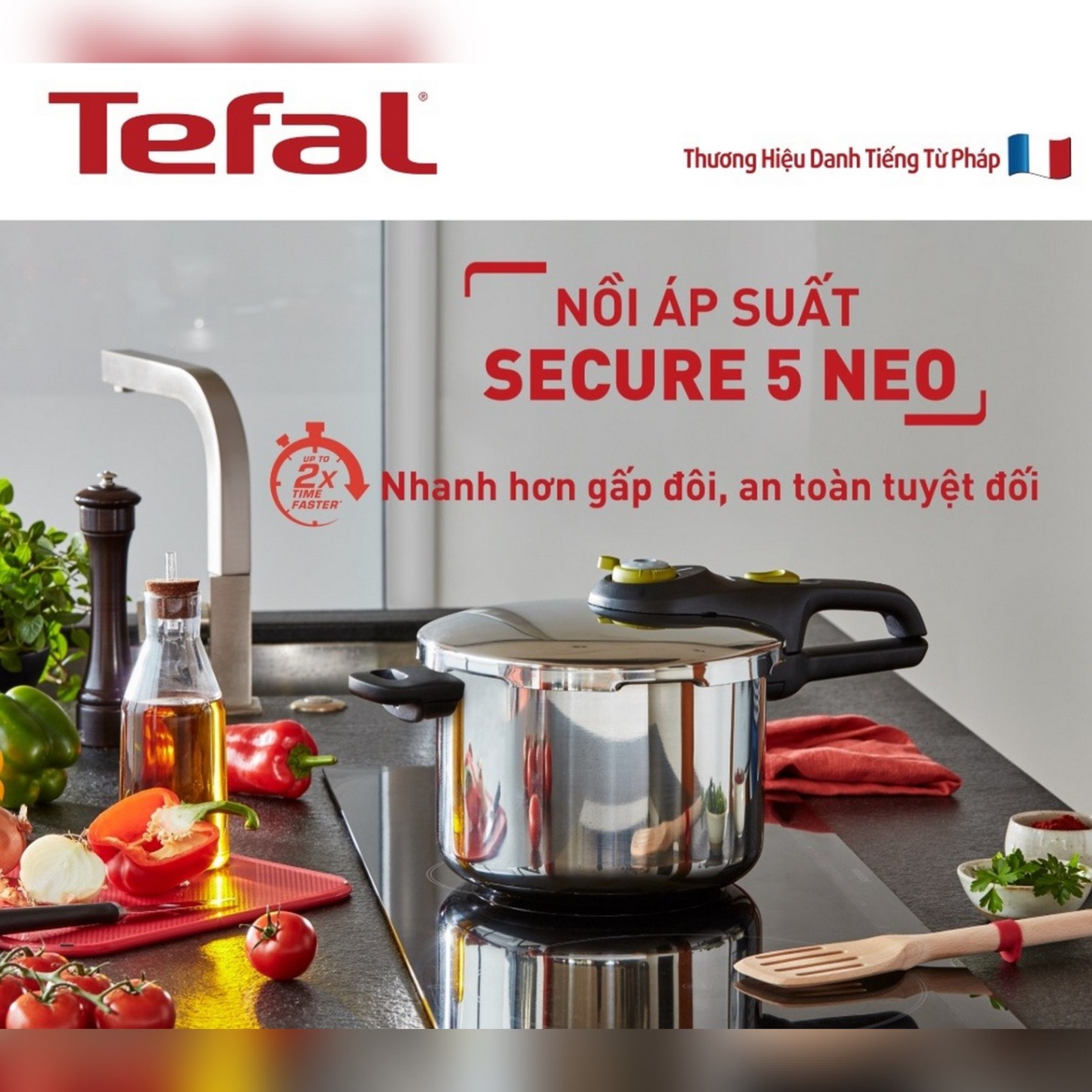 Nồi áp suất cơ inox Tefal Secure 5 Neo 4L - tay cầm đen, núm vặn xanh lá