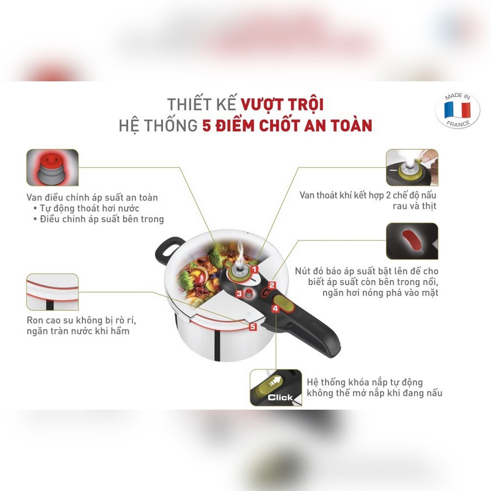 Nồi áp suất cơ inox Tefal Secure 5 Neo 6L - tay cầm đen, núm vặn xanh lá