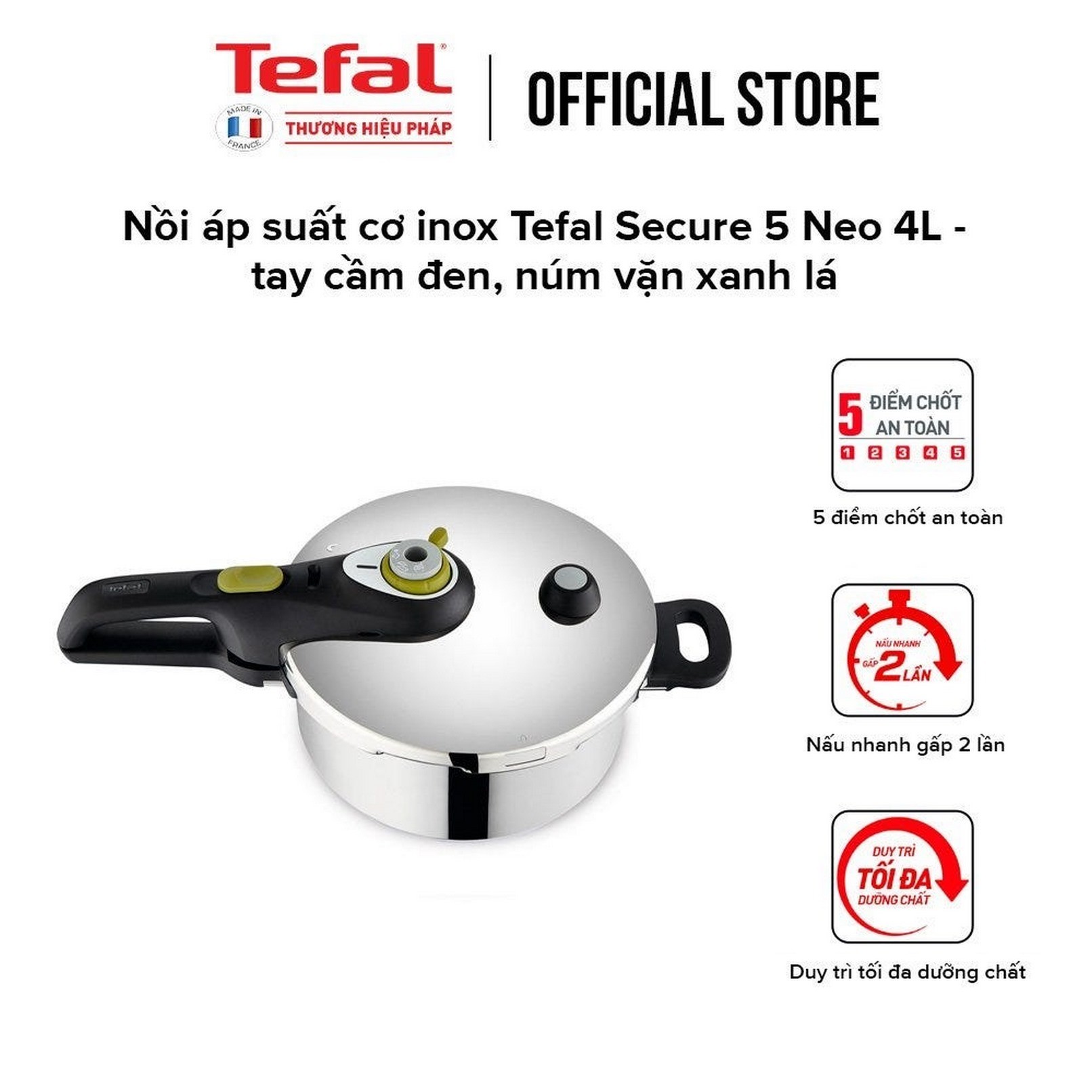 Nồi áp suất cơ inox Tefal Secure 5 Neo 4L - tay cầm đen, núm vặn xanh lá
