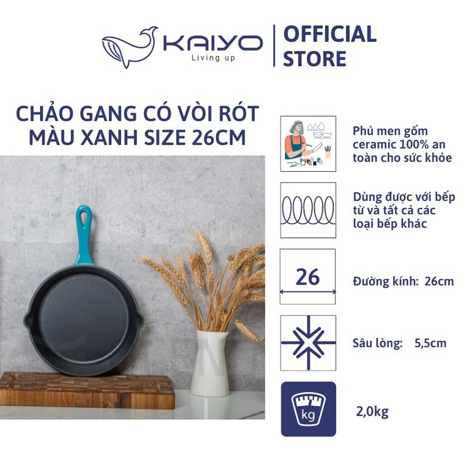 Chảo gang Oceno có vòi rót màu xanh 26cm