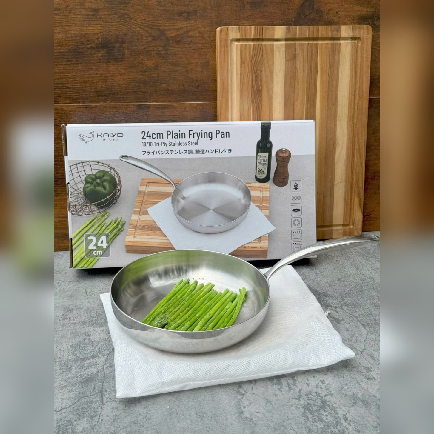 Chảo đúc inox 3 lớp đáy liền Tri-ply Kaiyo, đáy cạn size 24cm