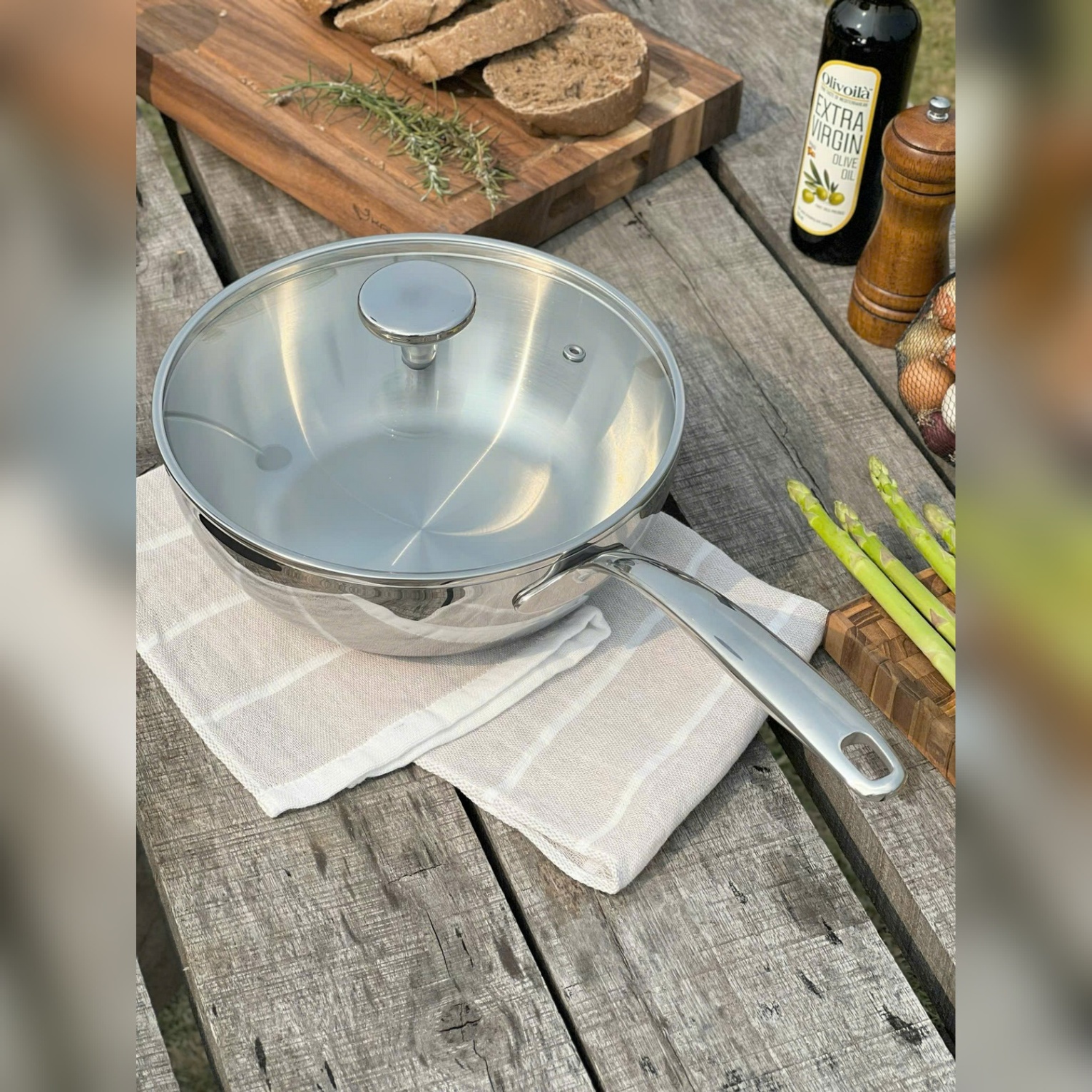 Chảo đúc Inox 3 lớp đáy liền sâu lòng Tri-ply có vung kính Kaiyo, 18cm