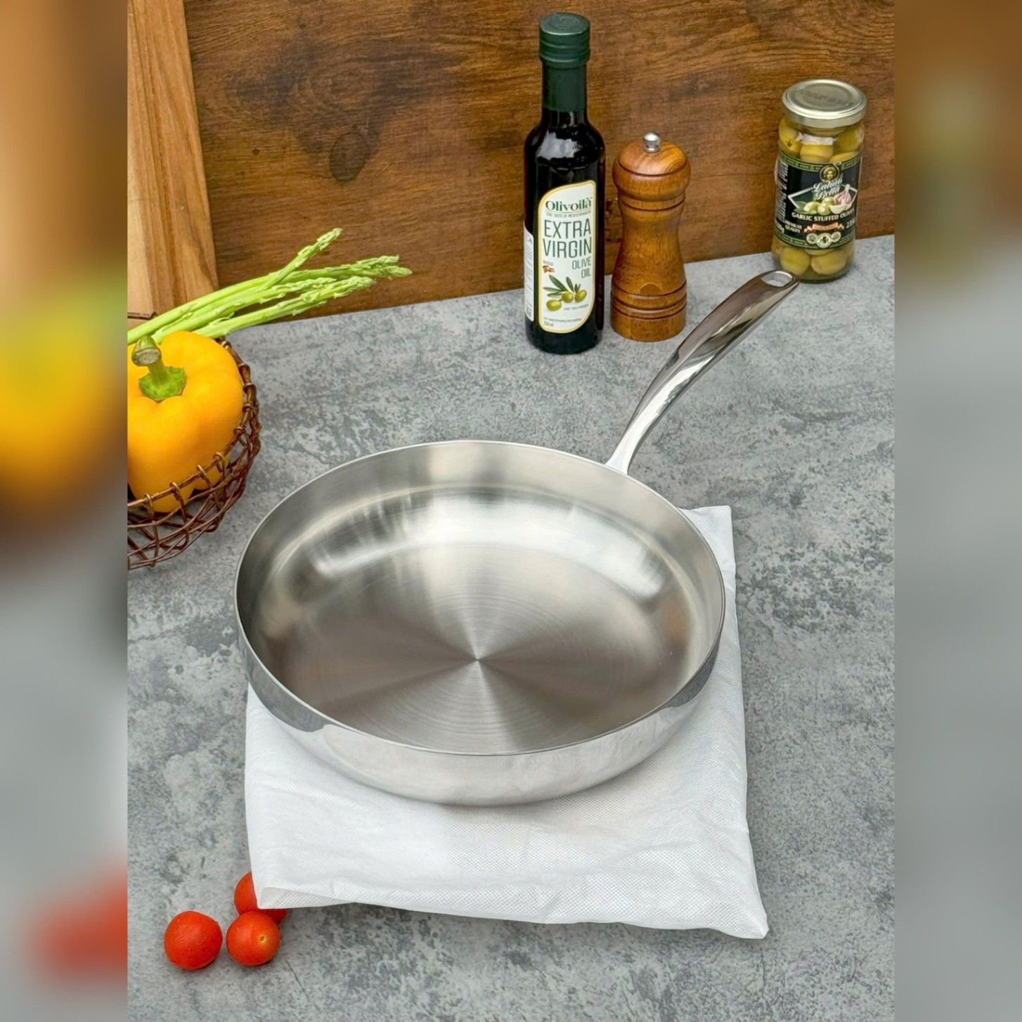 Chảo đúc inox 3 lớp đáy liền Tri-ply Kaiyo, đáy cạn size 24cm