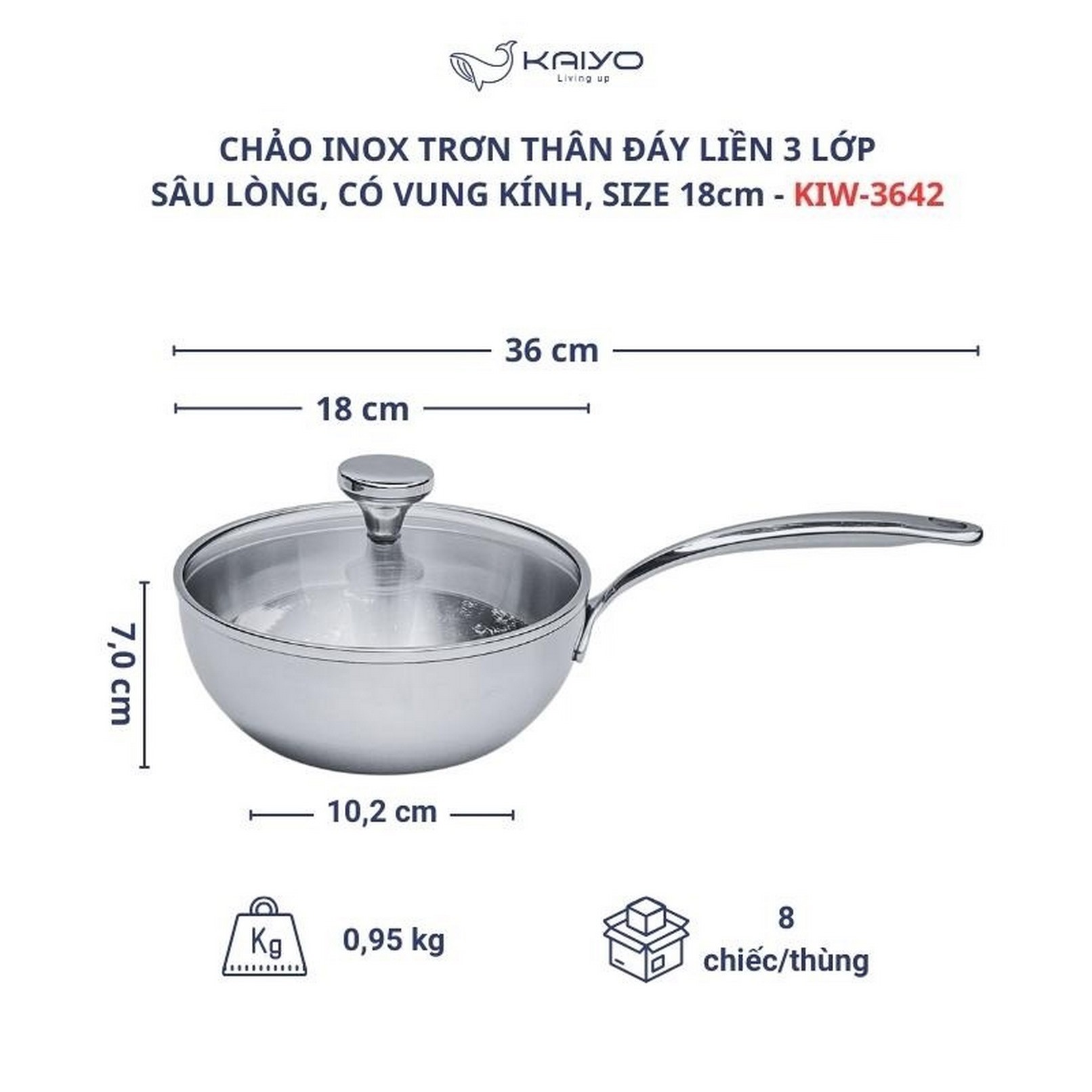 Chảo đúc Inox 3 lớp đáy liền sâu lòng Tri-ply có vung kính Kaiyo, 18cm