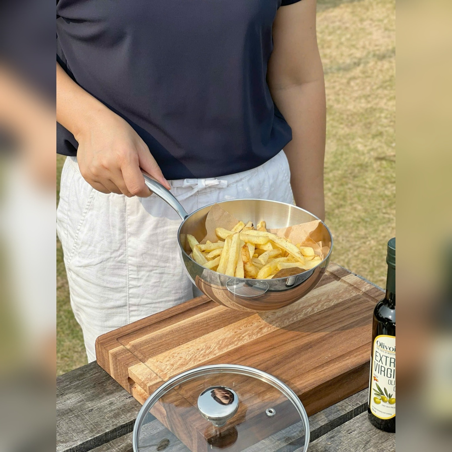 Chảo đúc Inox 3 lớp đáy liền sâu lòng Tri-ply có vung kính Kaiyo, 18cm