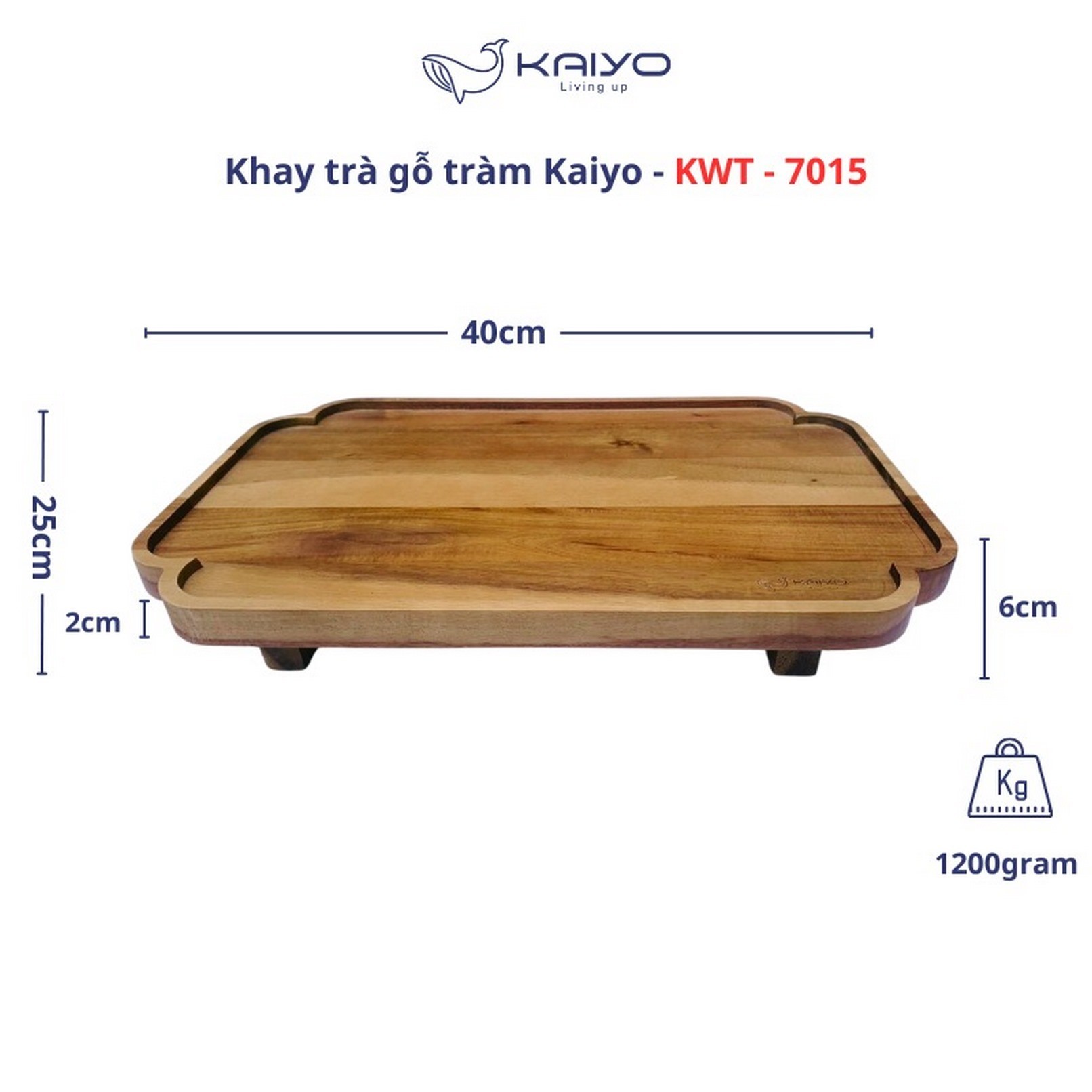 Khay trà bằng gỗ Kaiyo hình chữ nhật, kích thước 25*40cm