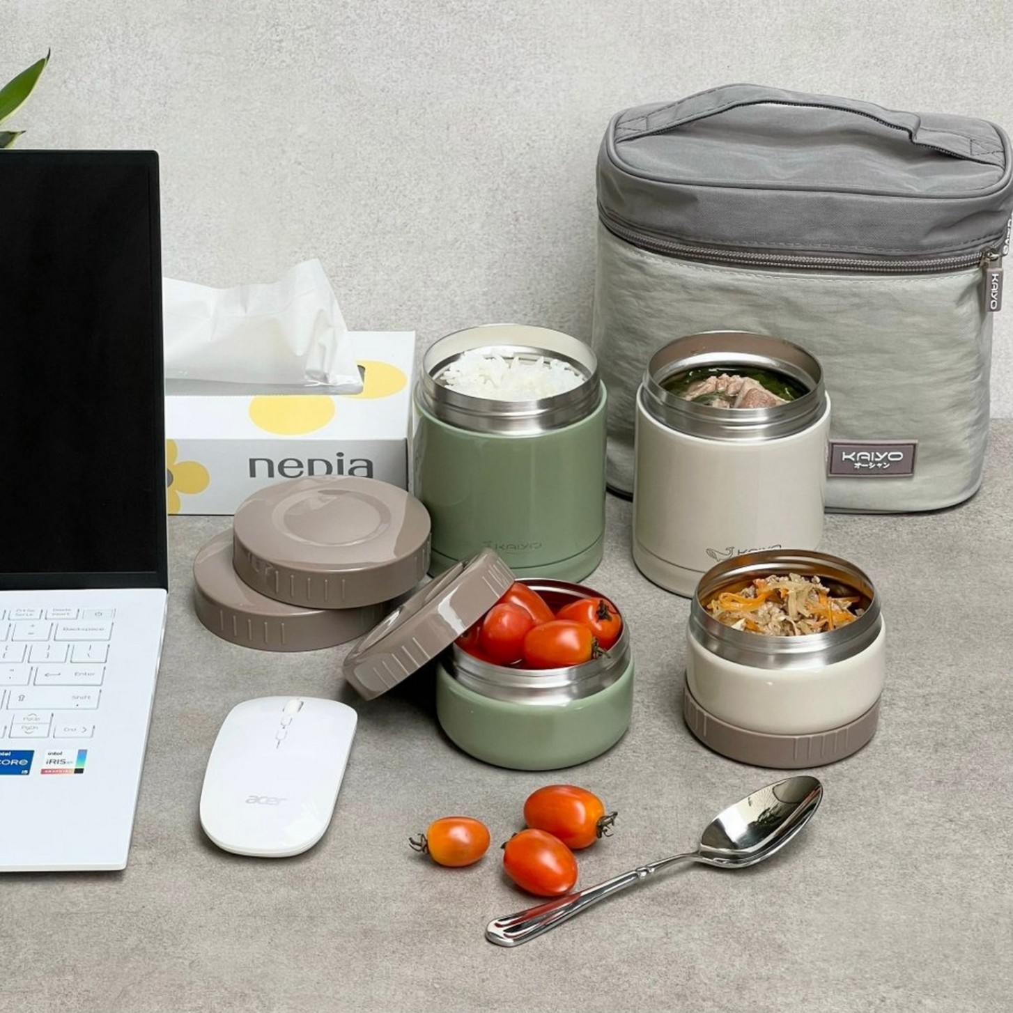 Bộ hộp cơm giữ nhiệt 4 hộp, dung tích 1200ml, màu be và xanh olive