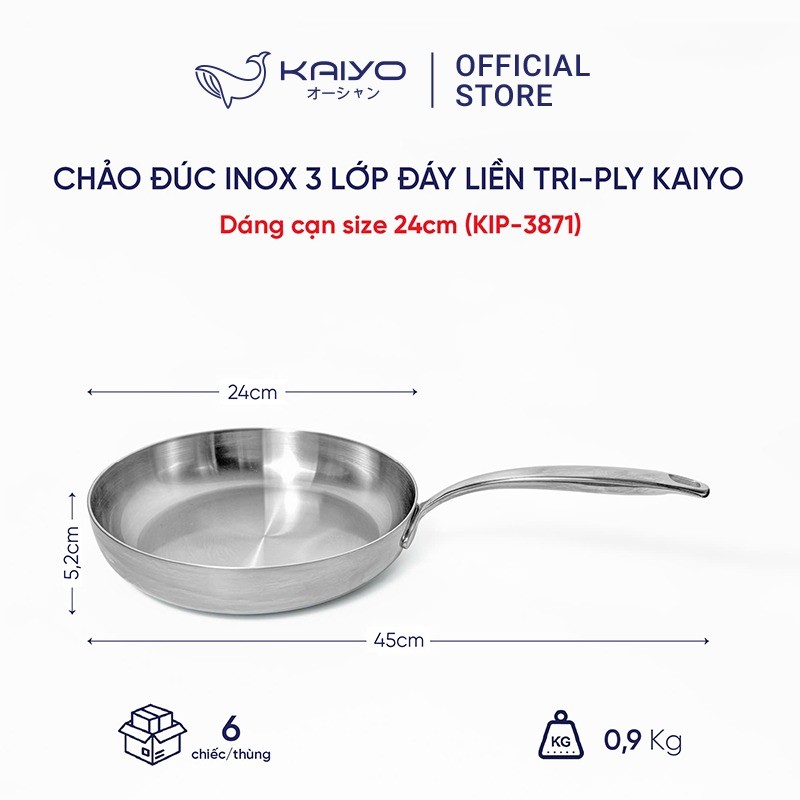 Chảo đúc inox 3 lớp đáy liền Tri-ply Kaiyo, đáy cạn size 24cm