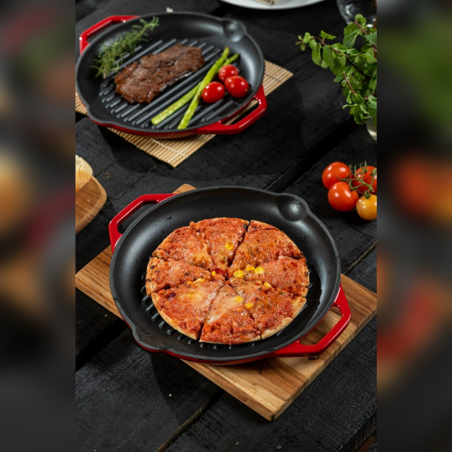 Chảo gang nướng Oceno 26cm màu đỏ