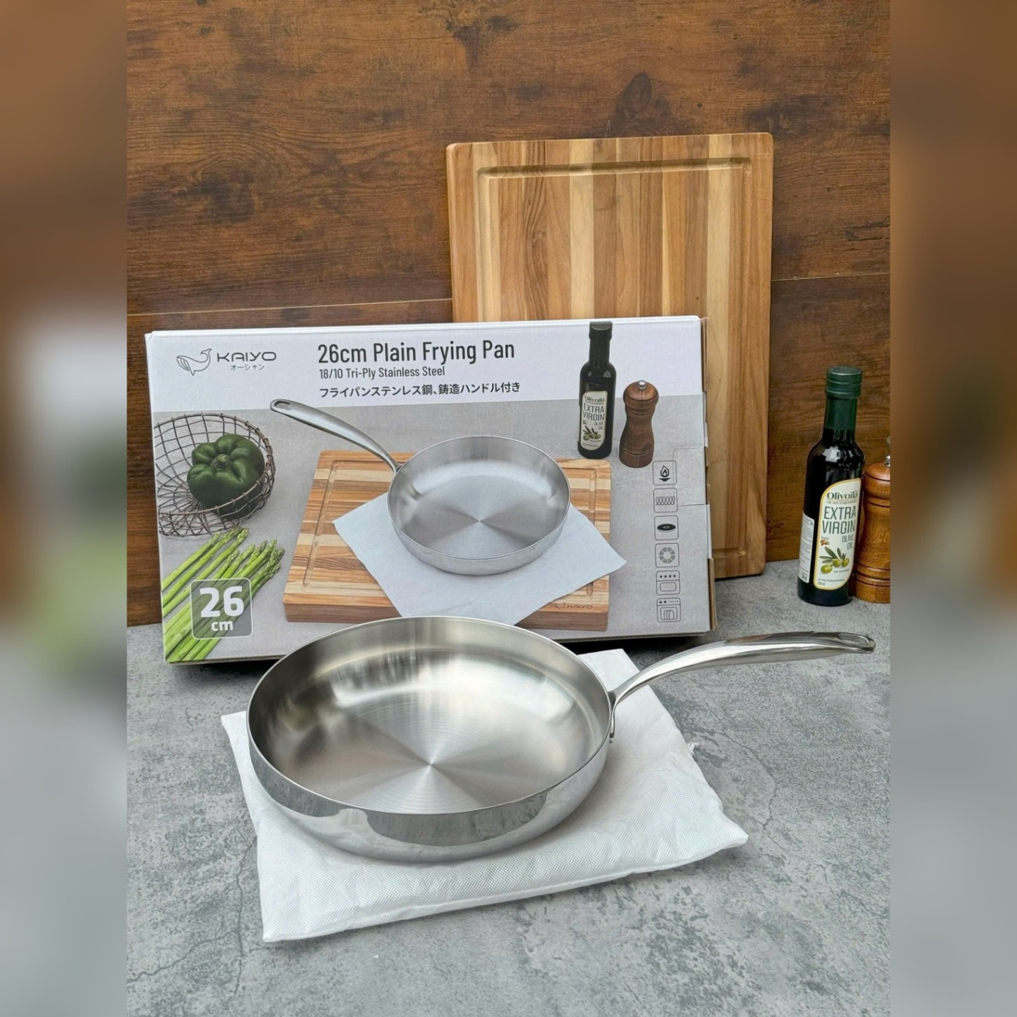 Chảo đúc inox 3 lớp đáy liền Tri-ply Kaiyo, đáy cạn size 26cm