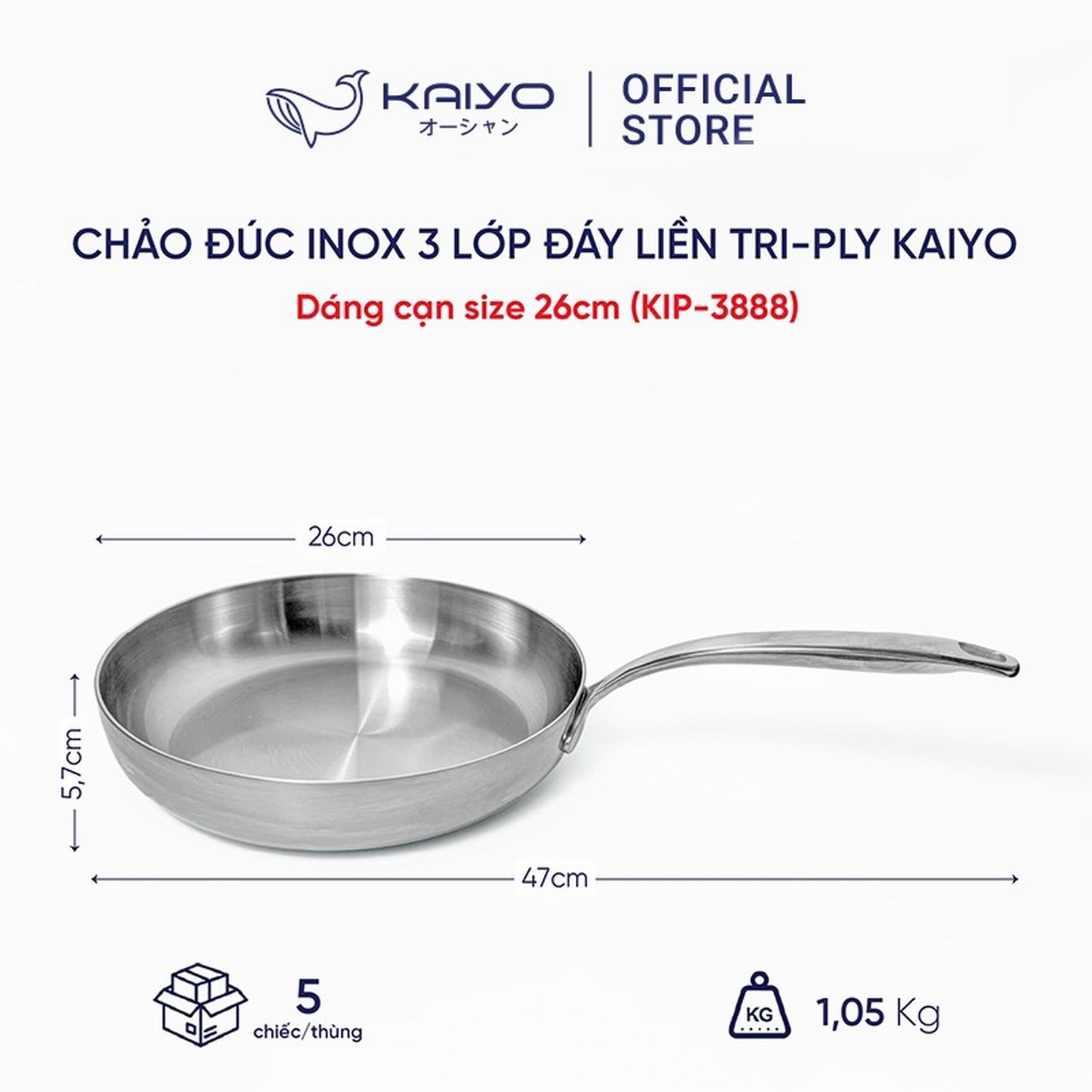 Chảo đúc inox 3 lớp đáy liền Tri-ply Kaiyo, đáy cạn size 26cm