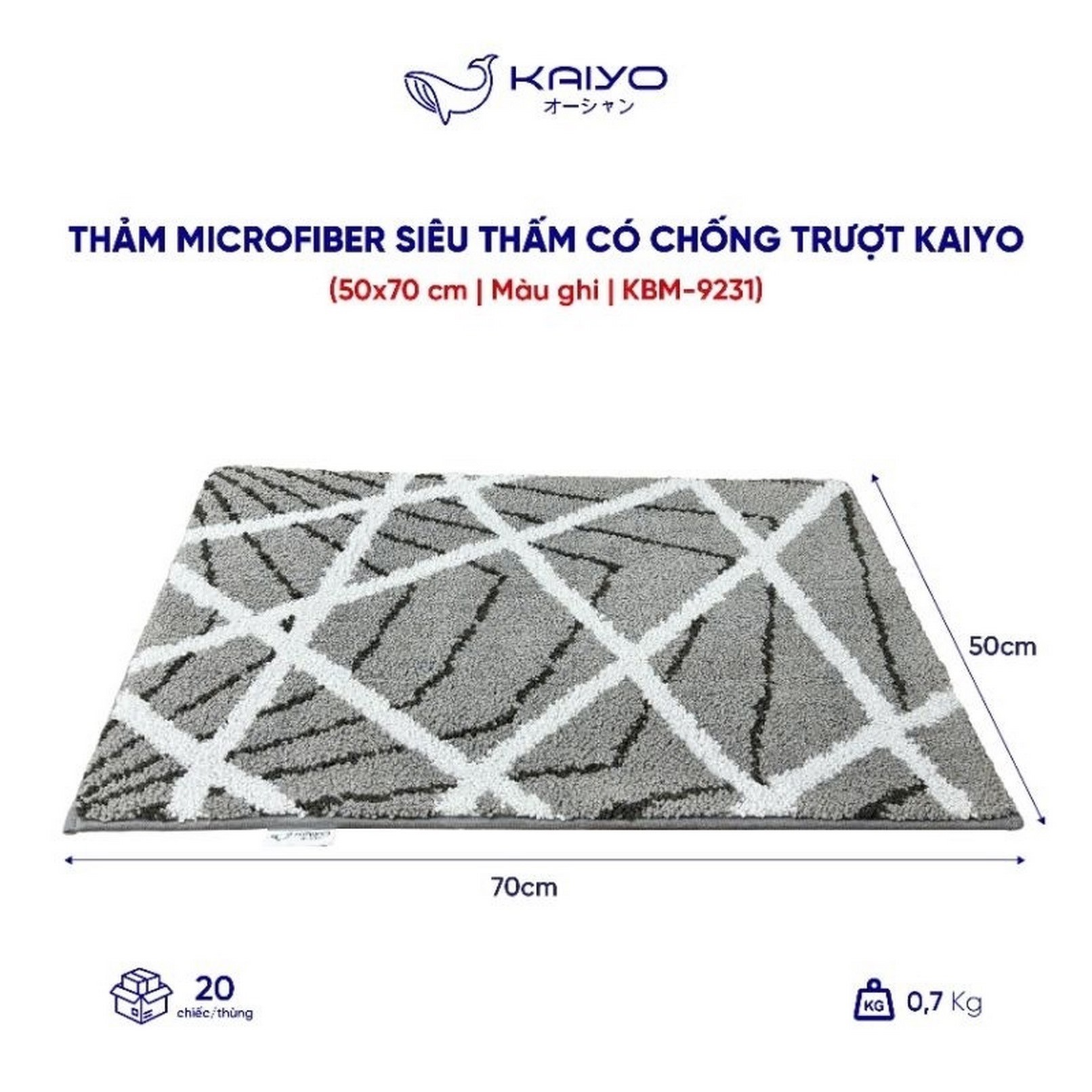 Thảm microfiber siêu thấm có chống trượt Kaiyo 50*70cm màu ghi