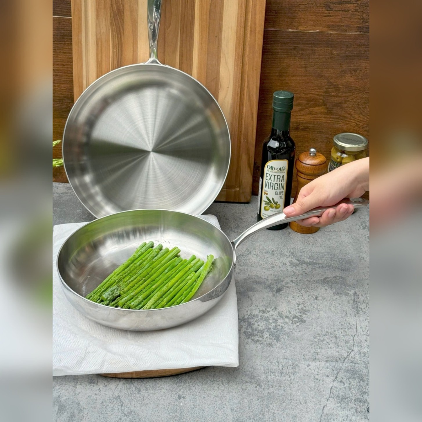 Chảo đúc inox 3 lớp đáy liền Tri-ply Kaiyo, đáy cạn size 24cm