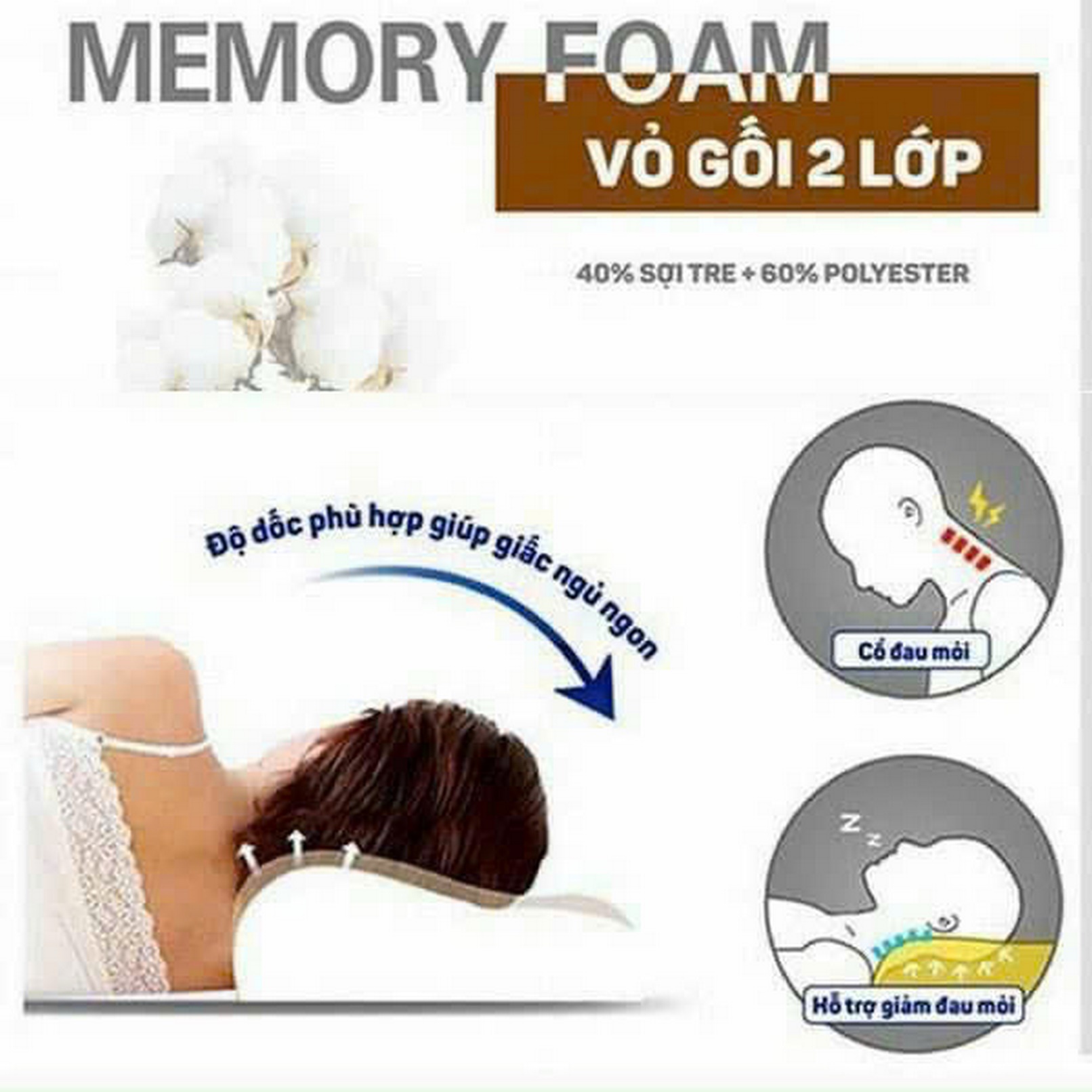 HLW111 - Gối Memory foam 50D hình cong, kích thước 500*300*100mm, trọng lượng 550g